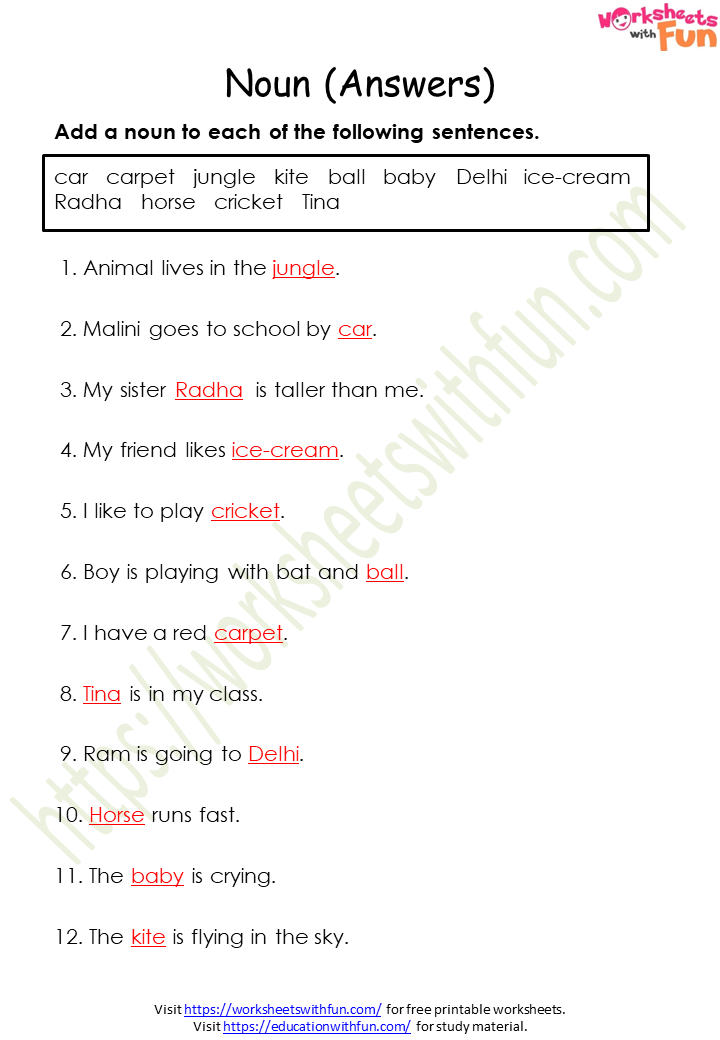 English Class 1 Naming Words Nouns Worksheet 4 Answer 